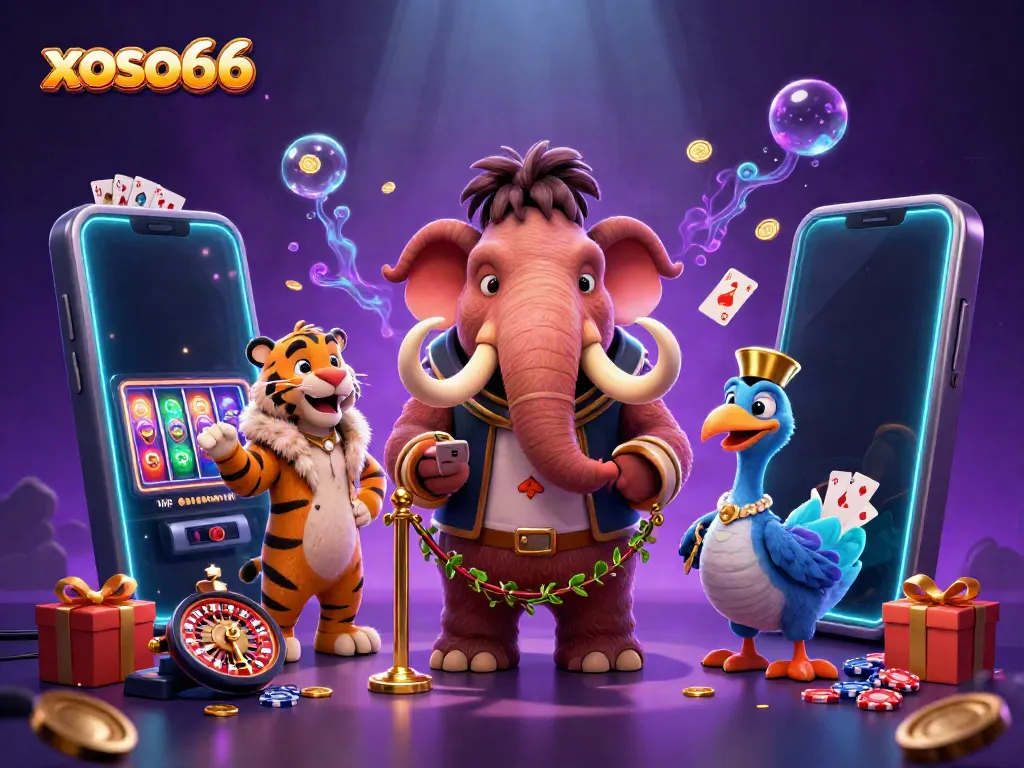 Xoso66's casino bouncer checks IDs at a vibrant, packed gaming scene with lively characters and dynamic elements.