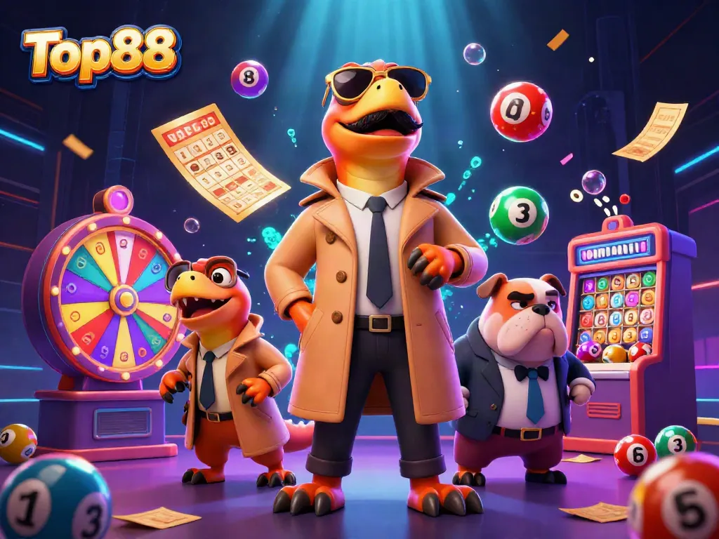 Top88 raptors seeking VIP access at a casino, surrounded by colorful lottery elements.