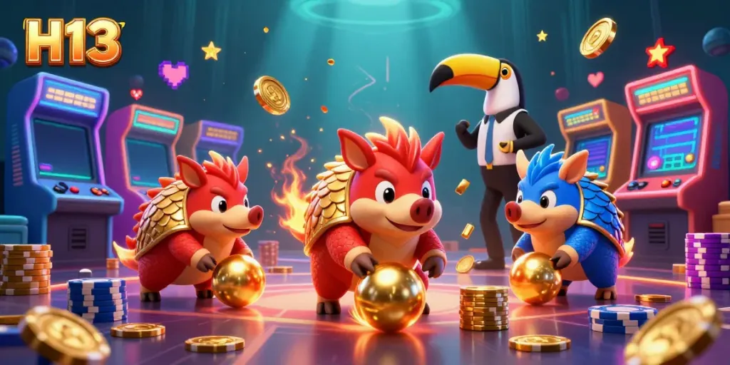 Engage in exciting games with H13 as rival pangolins roll golden balls through poker chips in a vibrant casino.