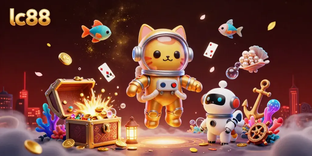 Engage in thrilling gaming with lc88, featuring a space cat and robot dog among vibrant casino elements.