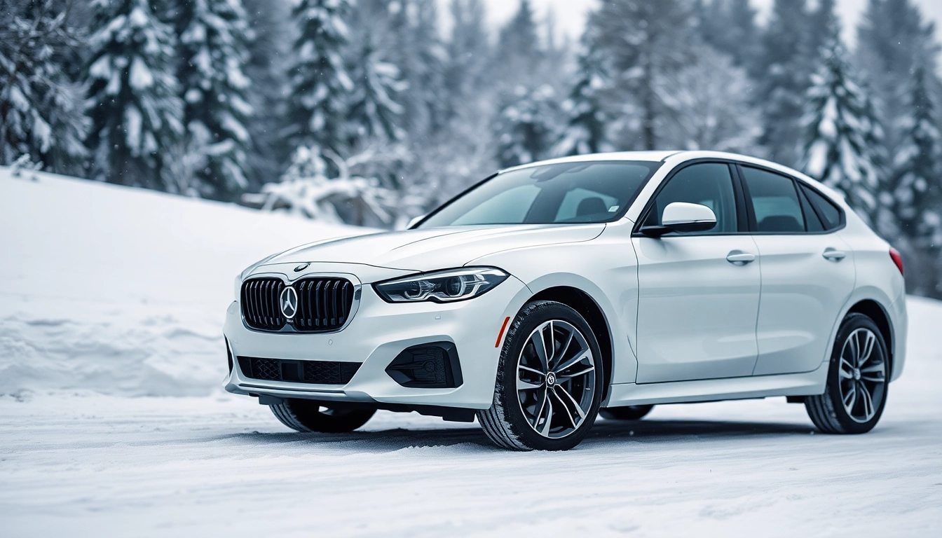 Showcasing PPF winter road salt protection on a vehicle in a snowy setting.