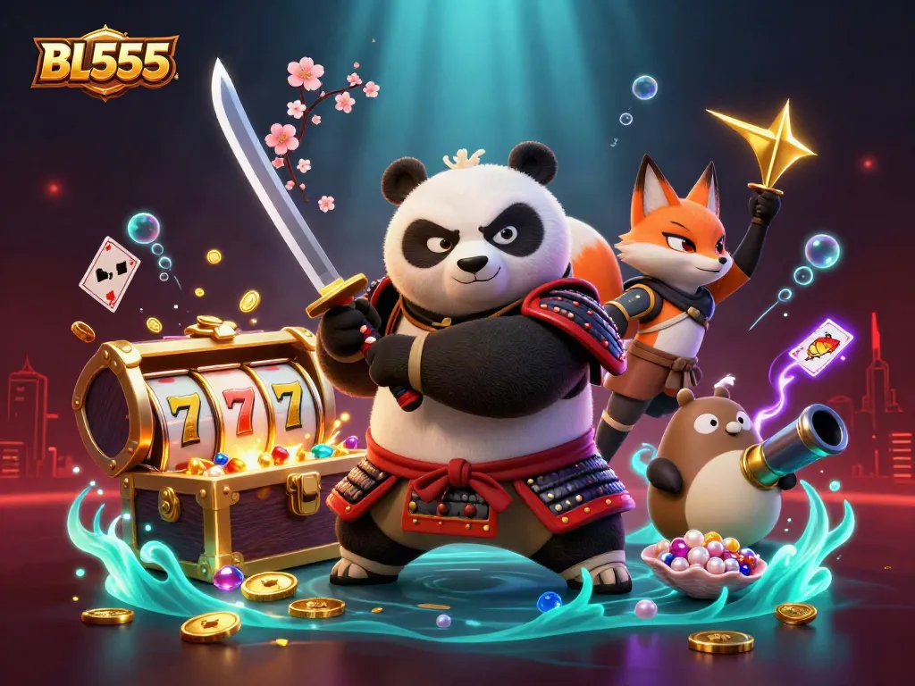 Engage with BL555's vibrant slots, featuring dynamic samurai panda and rich casino elements.