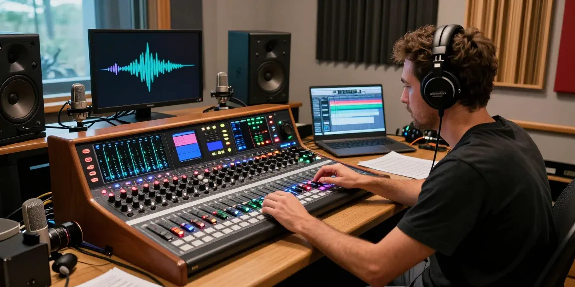 Professional audio studio with Tascam DA-88 and audio engineer mixing tracks