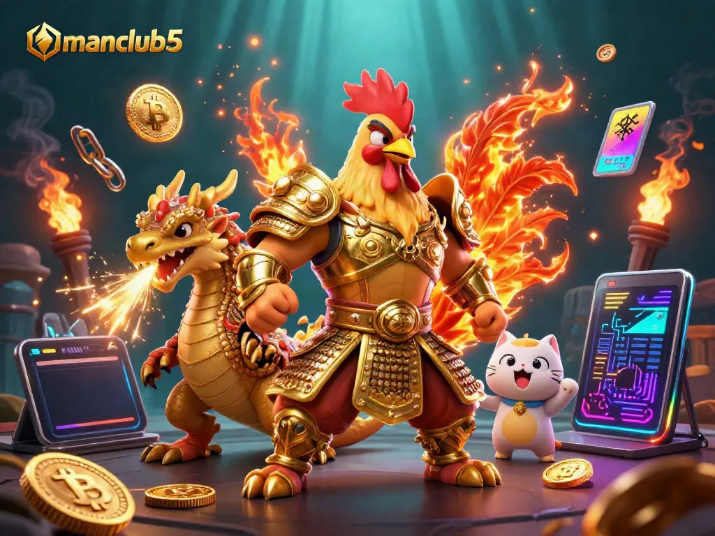 manclub5 showcases a thrilling battle scene with dynamic casino elements and a unique warrior theme