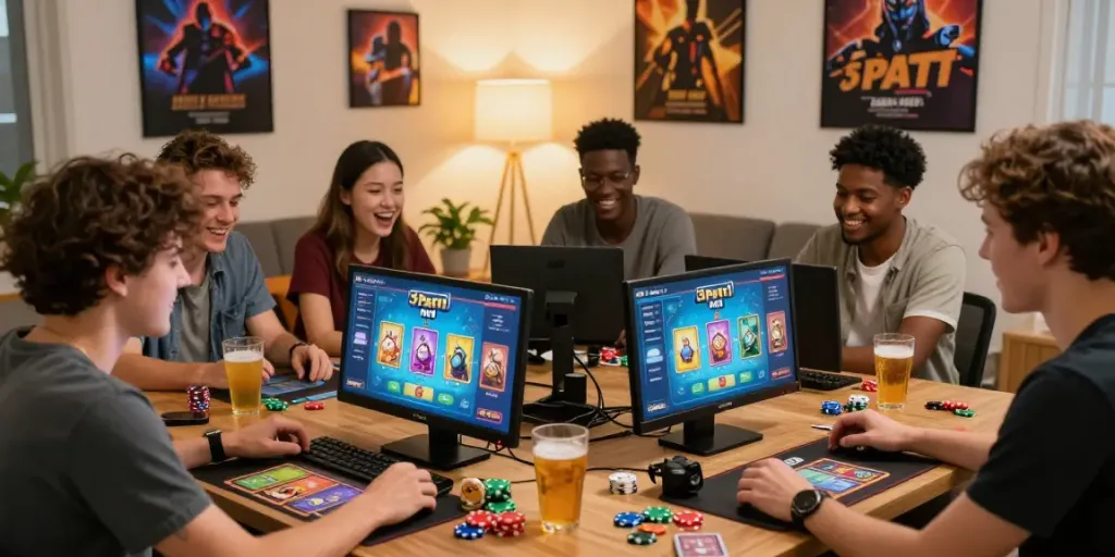 Enjoying an online game of 3 Patti no1 with friends in a cozy home setting.