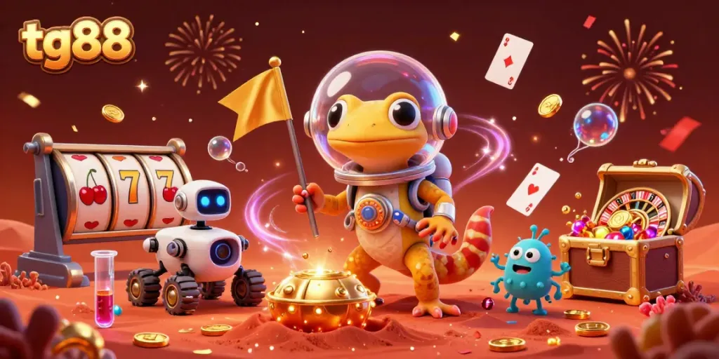 Tg88 gaming experience unfolds with a Martian gecko exploring a vibrant casino, filled with exciting slot elements.