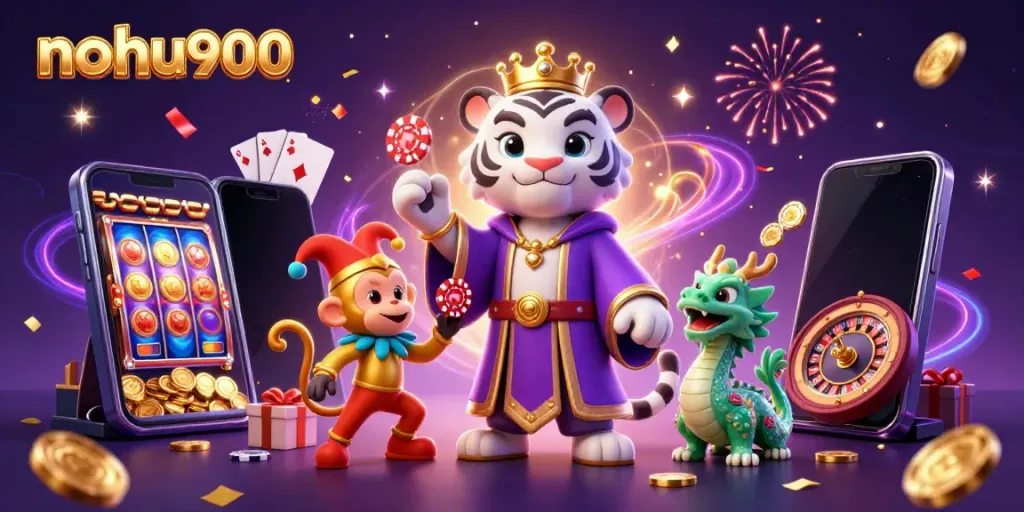 Engage in thrilling gameplay with nohu900's vibrant casino characters and elements as they celebrate wins.