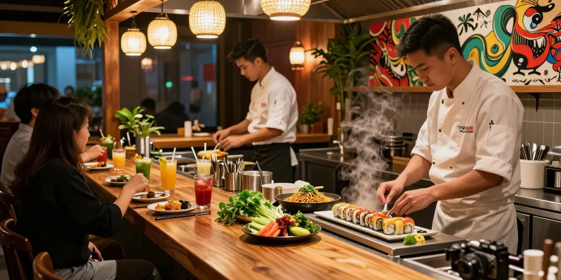 Tantalizing RED88 Asian fusion dishes being prepared in a lively kitchen setting.