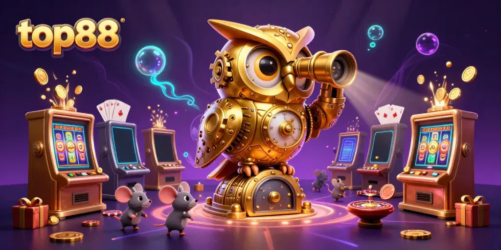 Experience the vibrant gamescape of top88 with a golden owl and lively casino elements.