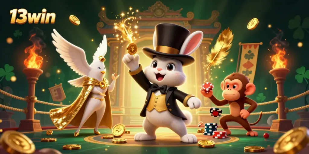 View an enchanting scene with 13win's magician rabbit, dove, and monkey amidst casino excitement.