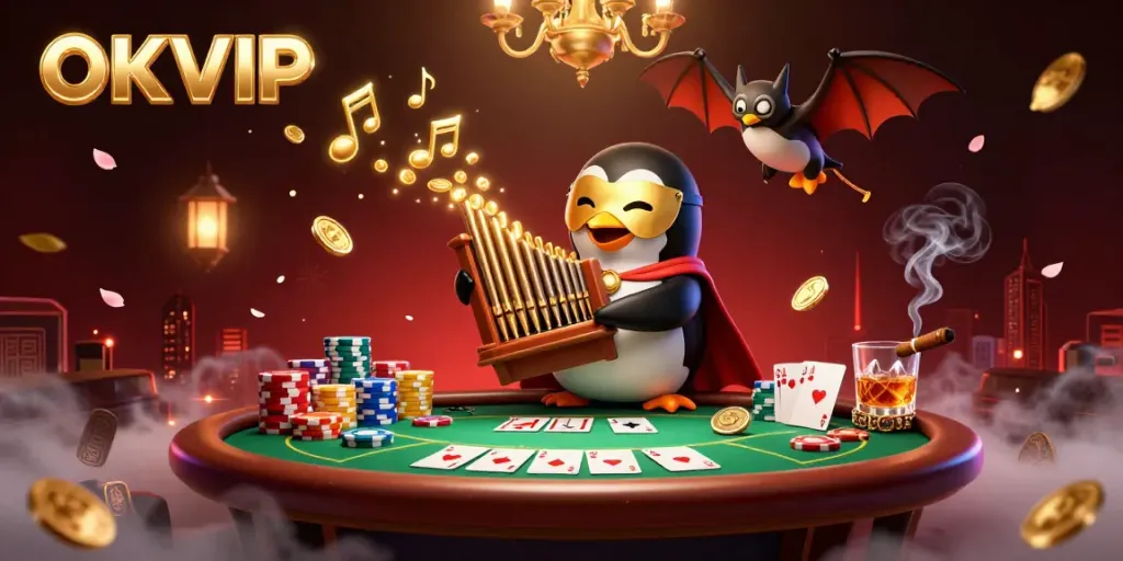 Experience the thrilling atmosphere of OKVIP where the phantom penguin entertains and coins fly amidst engaging poker elements.
