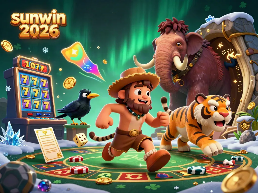 Experience exciting gameplay at sunwin 2026 with our colorful prehistoric casino scene featuring fun characters.