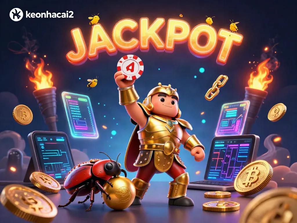 Celebrate wins with keonhacai2, a vibrant scene featuring cartoon beetles, crypto coins, and jackpot luck.