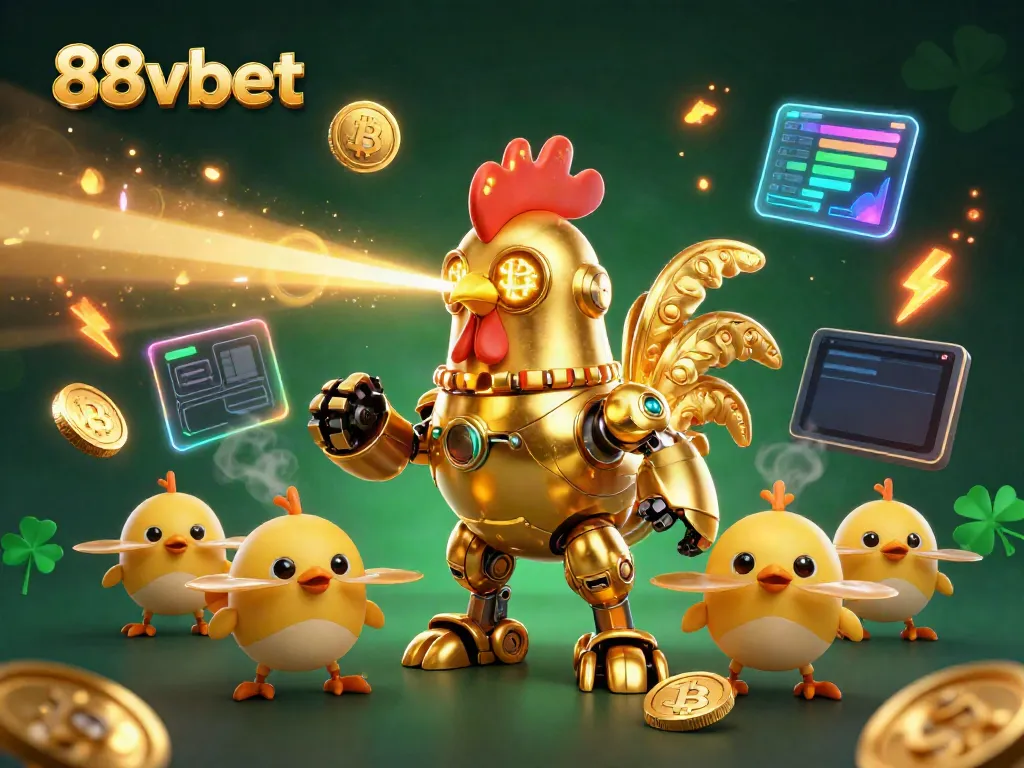 Engage with the vibrant 88vbet universe, featuring a golden rooster robot and crypto elements energizing online gaming.