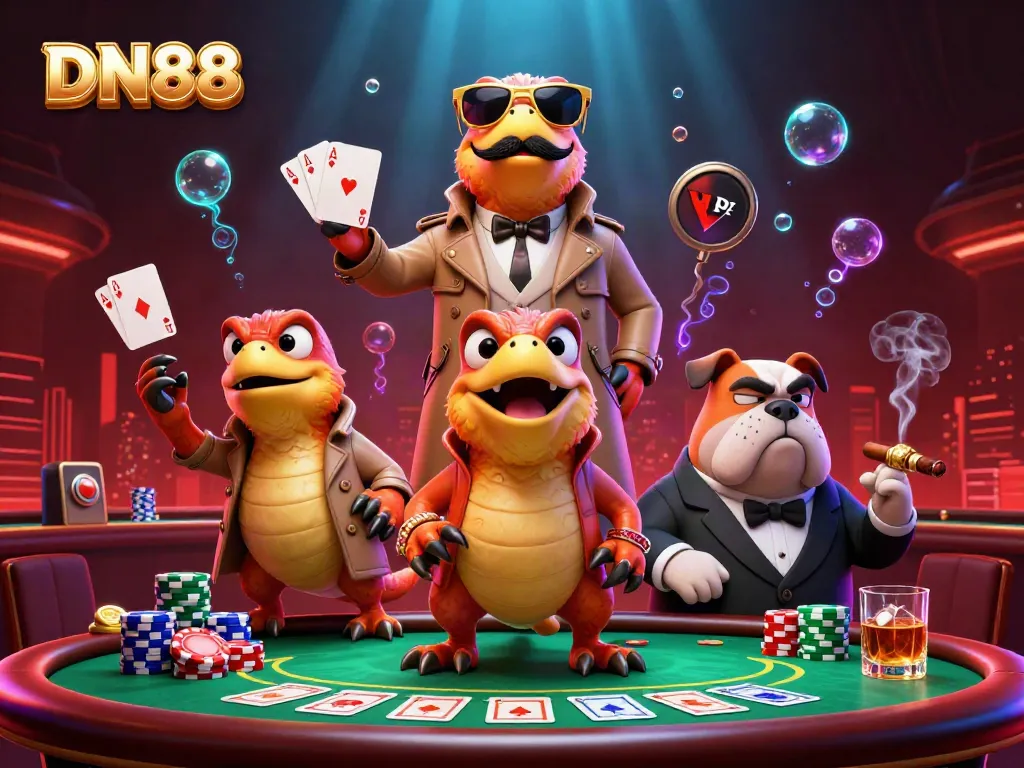 Experience excitement at DN88 with cartoon raptors and casino elements in a vibrant 3D scene.