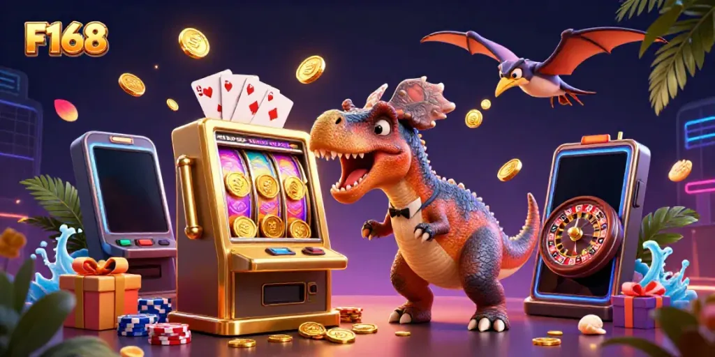 F168 slots scene featuring a dinosaur winning coins from a golden machine and flying cards.