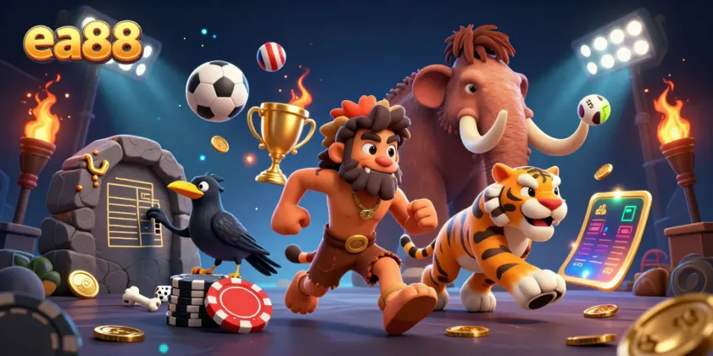 Experience exhilarating gameplay at ea88 with a vivid scene showcasing caveman casino action.
