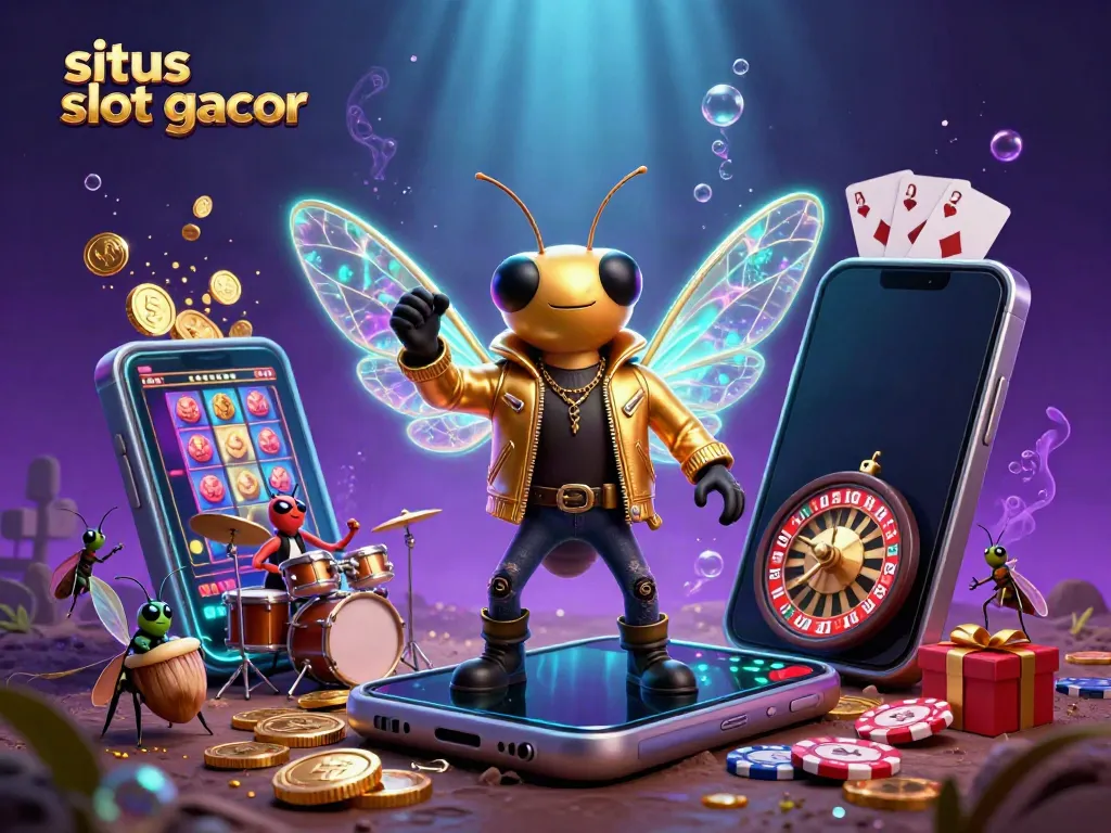 Situs slot gacor illustration featuring a rock star cicada and slot game elements in a rich casino scene.
