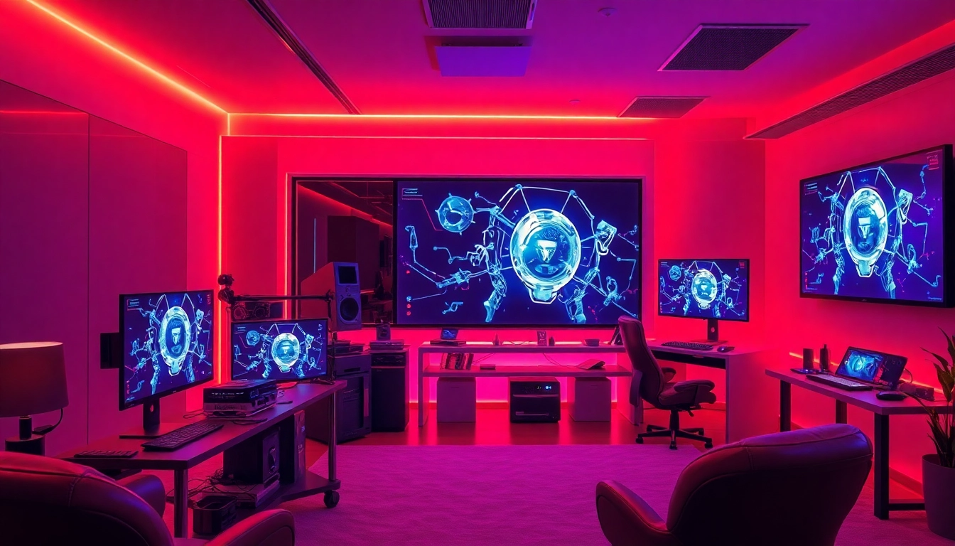 AI porn innovation in a sleek, modern adult entertainment studio with high-tech equipment.