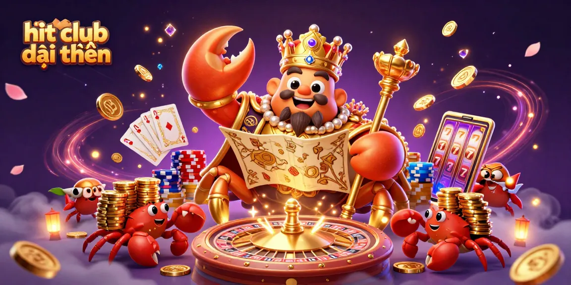 Join the adventure at hit club đổi thưởng with a dynamic scene featuring a golden crab emperor and lively gaming elements.