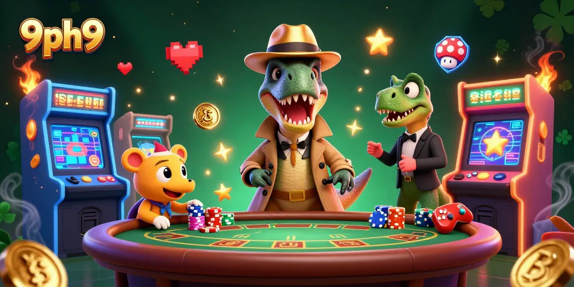 Experience gaming thrills at 9ph9 with an exciting cartoon scene of a velociraptor at a blackjack table.