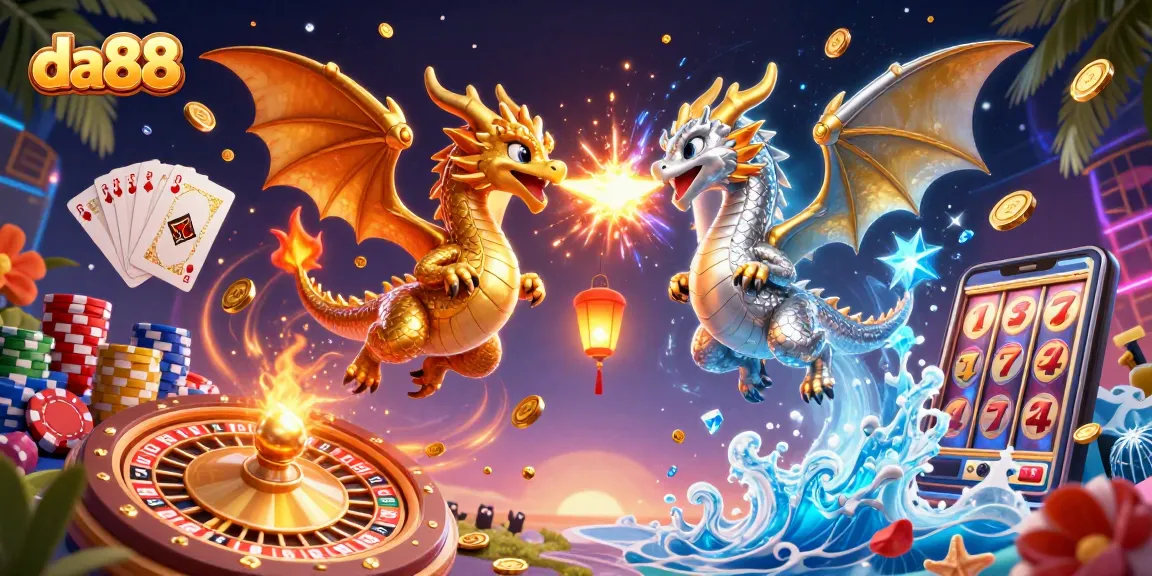 Experience winning strategies at da88 with a dynamic illustration of golden dragons and casino elements.