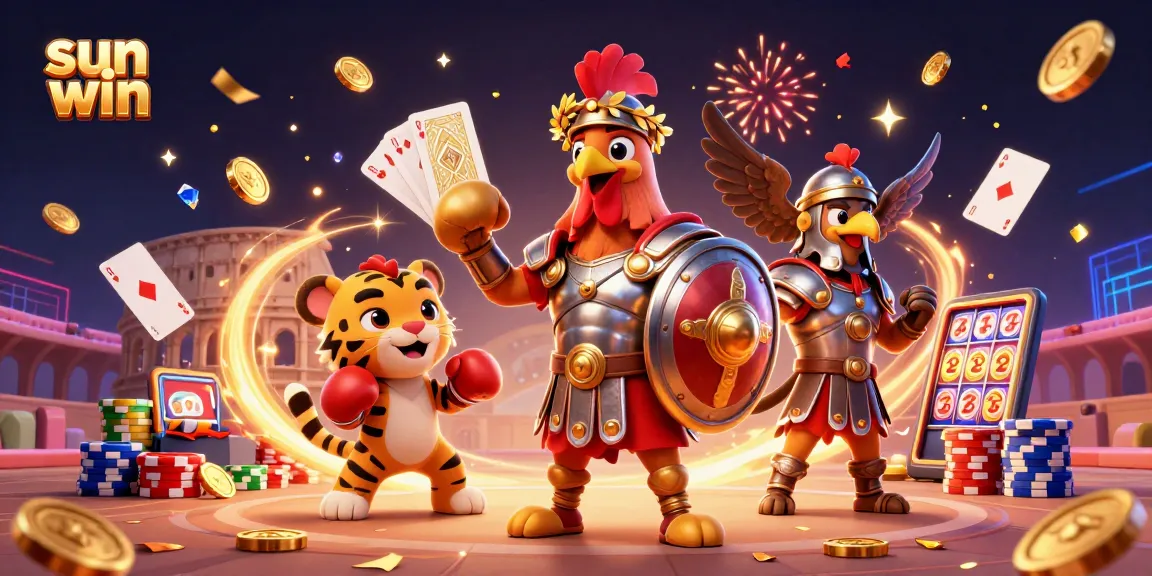 Experience thrilling wins at Sun Win with a dynamic 3D illustration of characters and casino elements.