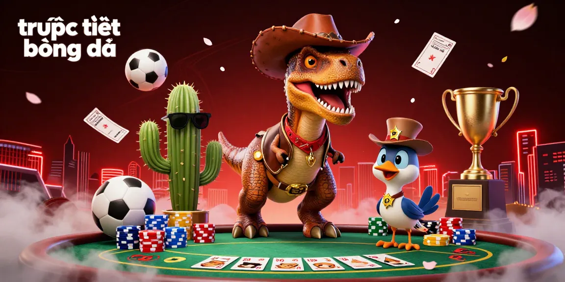 Engage with trực tiếp bóng đá as the cowboy dinosaur embodies sports betting excitement amid vibrant elements.