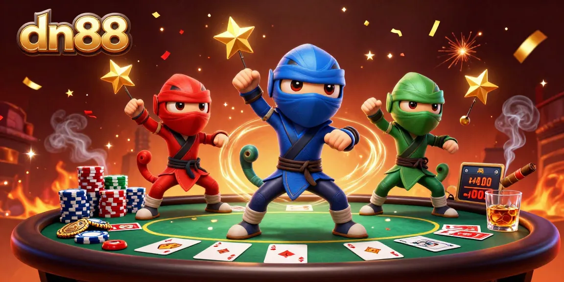 Bet on thrilling dn88 action with ninja chameleons and poker excitement in a vibrant casino scene.