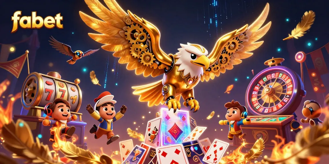 Engage in thrilling gameplay at fabet with a cybernetic eagle soaring amidst dynamic casino elements.