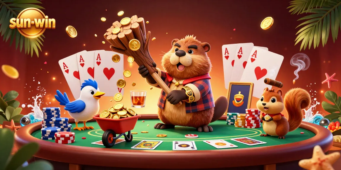 Experience sun-win's vibrant casino scene with cartoon characters amidst poker elements and gold coins.