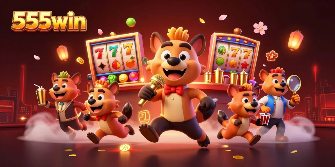 Experience the excitement of 555win slots with a lively casino scene featuring hyenas and vibrant game elements.