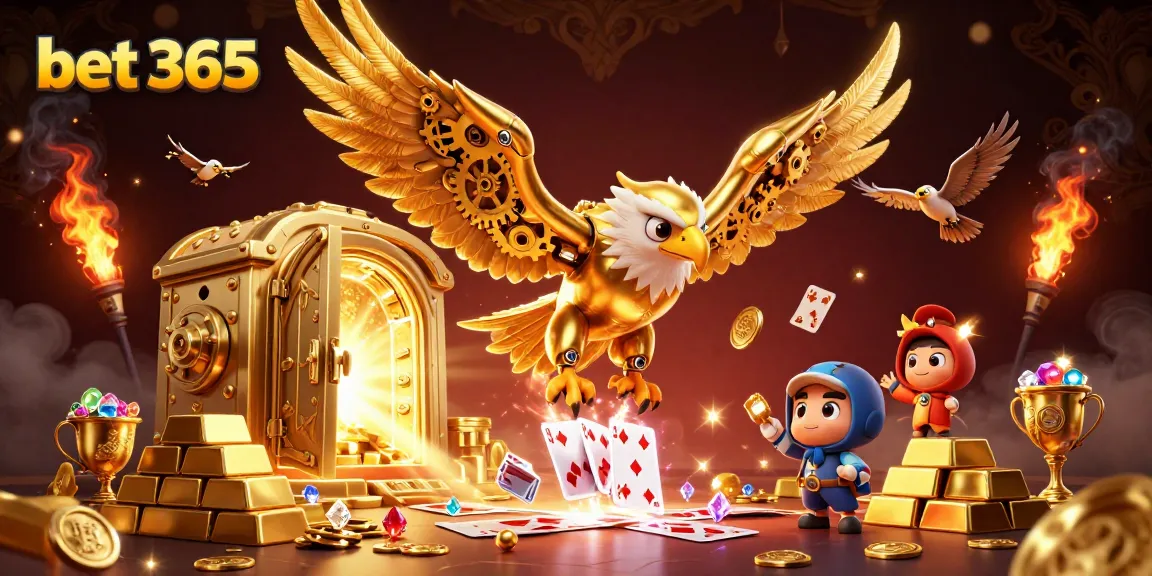 Experience excitement with bet 365 as a cybernetic eagle dives through playing cards amidst treasures.