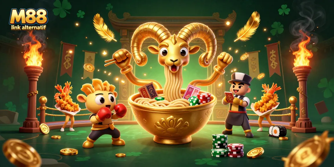 M88 link alternatif illustration showcasing a lively casino scene with a golden ramen bowl character, emphasizing gaming excitement.