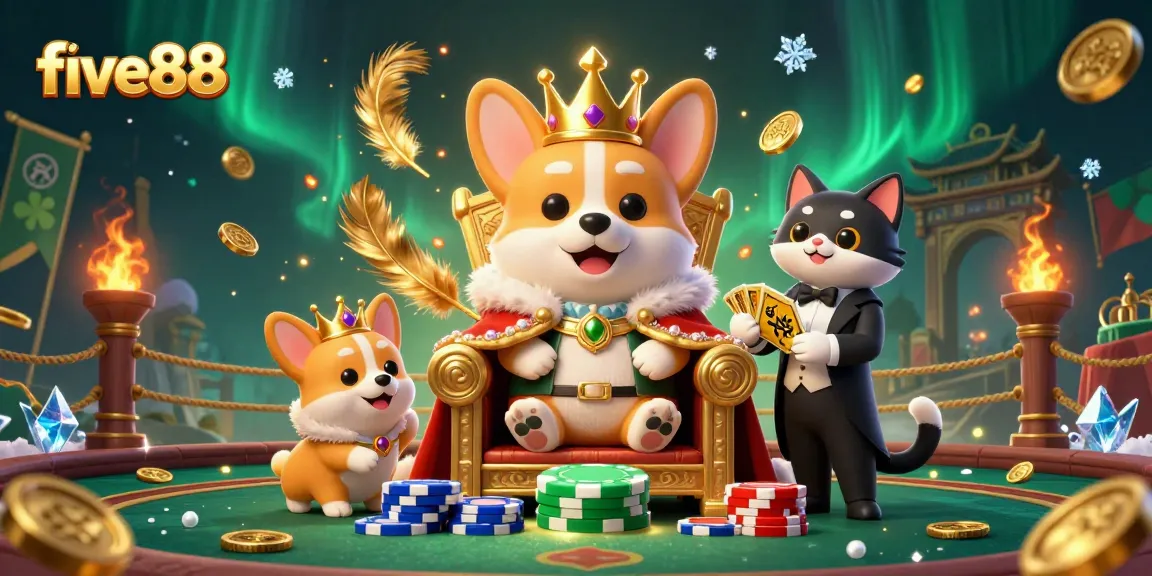Experience excitement at five88 with corgi royalty in a lively casino scene featuring vibrant game elements.