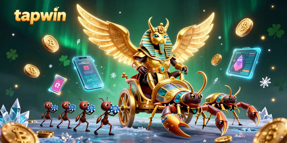 Engage in dynamic gameplay with tapwin featuring a colossal golden scarab and stunning cryptocurrencies.