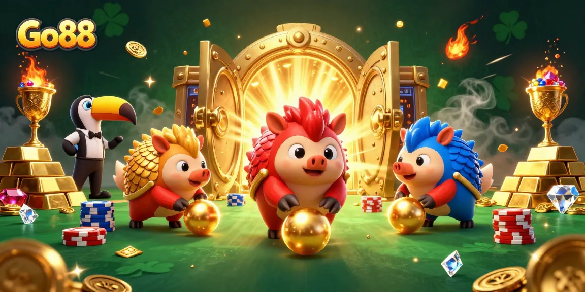 Go88 pangolins bowling through poker chips while winning big in a vibrant casino setting