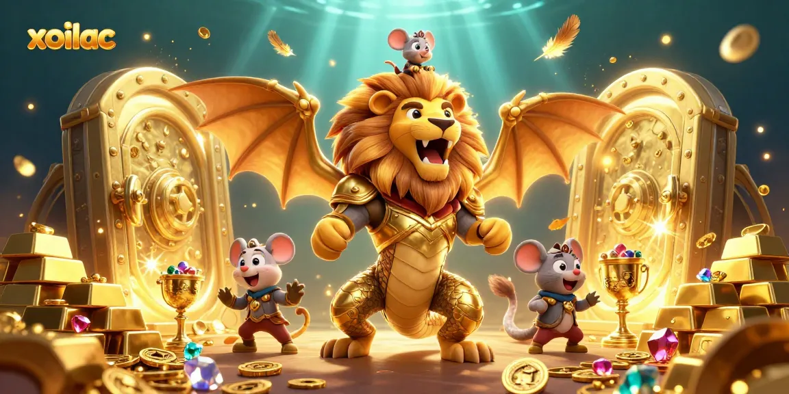 Experience the exhilarating xoilac action of vibrant casino elements with a chimera creature in a 3D illustration.