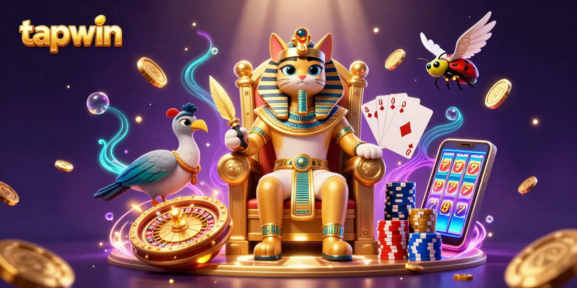 Experience excitement with tapwin's vibrant 3D casino scene showcasing pharaoh cat character, roulette, and gem treasures.