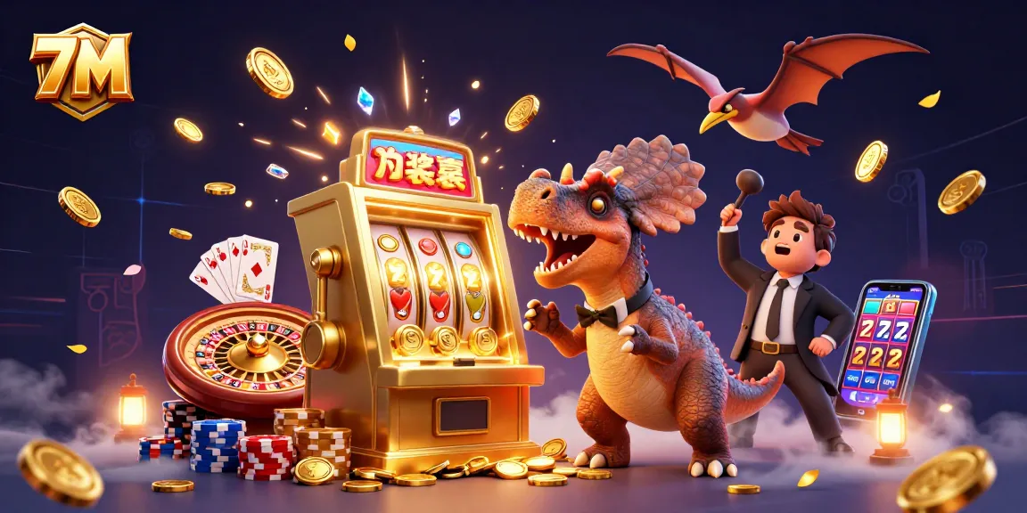Experience 7M's thrilling action with cartoon dinosaurs winning jackpot coins at a vibrant casino.
