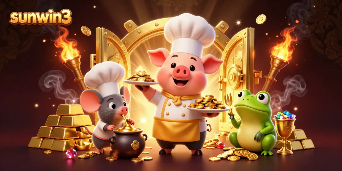 Experience excitement at sunwin3 with a chef pig serving gold coins, featuring luxury casino treasures.