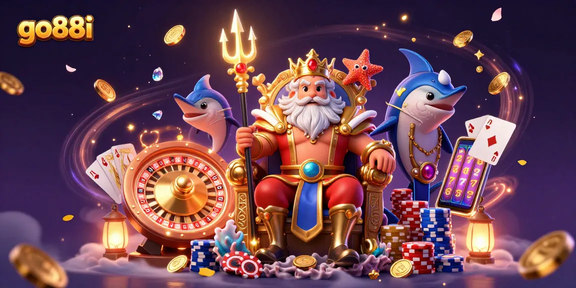 Experience thrilling wins with go88i as Neptune and his allies celebrate in a vibrant casino scene.