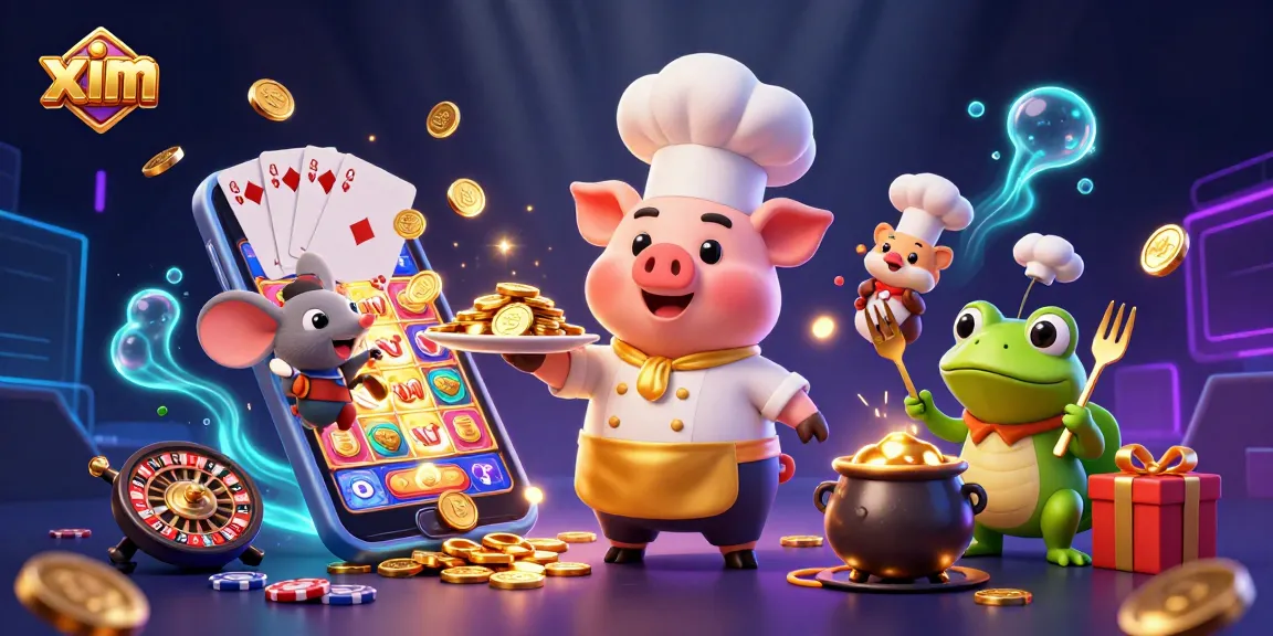 Engaging scene with xim featuring a chef pig, sous-chef mouse, and critic frog amid vibrant casino elements.