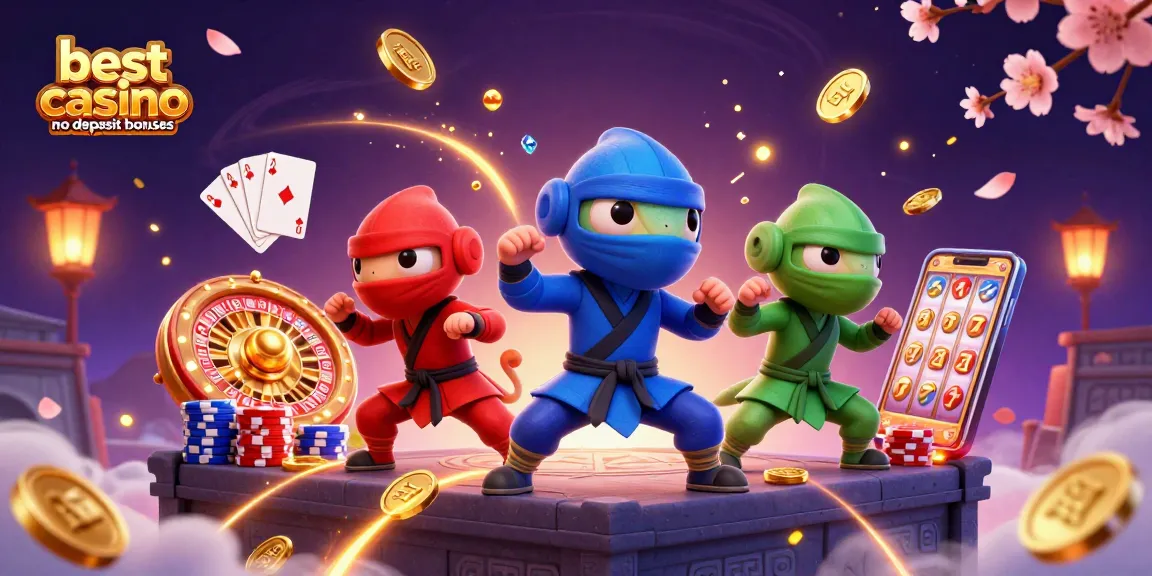 Showcase best casino no deposit bonuses with ninja chameleons and casino elements in a lively illustration