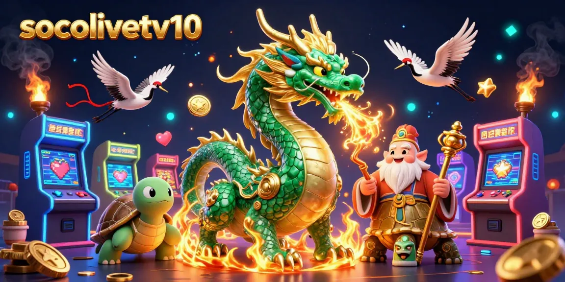 Socolivetv10 showcases a dynamic gambling scene with a jade dragon, turtle sage, and playful cranes amidst colorful gaming elements.