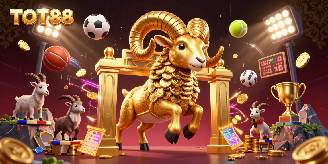 Experience excitement with TOT88 featuring dynamic sports elements and a golden ram in action.