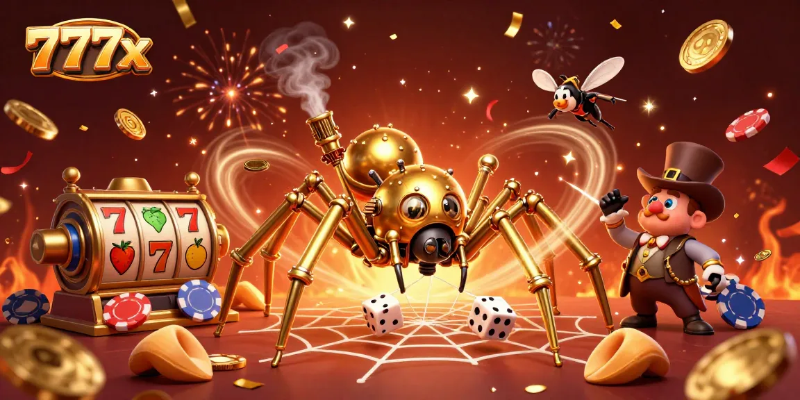 Engage with 777x's vibrant casino action featuring a steampunk spider and dice.