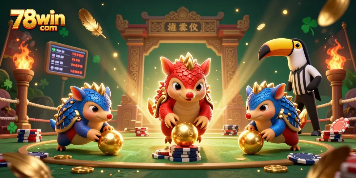 Engage in thrilling gameplay at 78win com while rival pangolins compete amidst golden tokens and poker chips.