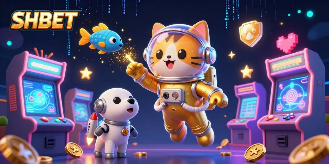 Engage in exciting gaming with SHBET as a 3D astronaut cat floats amid colorful casino elements.