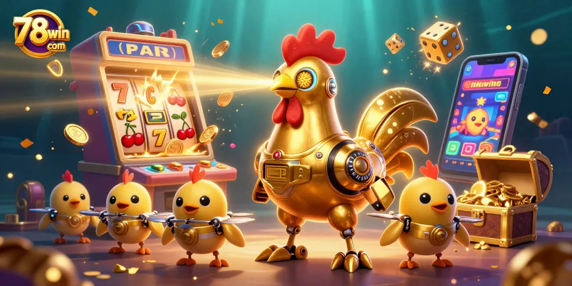Experience high-energy play at 78win com, featuring a vibrant casino scene with golden rooster robot.